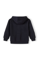 Back view of a black hooded sweatshirt for boys featuring a simple, comfortable design suitable for kids aged 3-15 years.