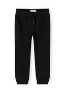 Black boys joggers with elastic waistband and drawstring, cuffed ankles, kids casual wear design.