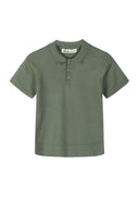 Deep forest green knitted polo shirt for boys with short sleeves and a classic collar design