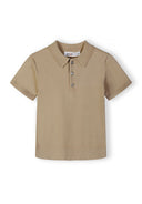 Boys knitted polo shirt in stone color, front view with classic collar and button placket.