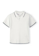 Boys knitted off-white striped polo t-shirt, front view with a collar and short sleeves.
