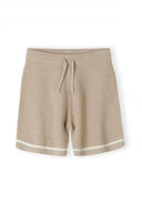 Beige shorts with elasticated waistband and white trim, front view.