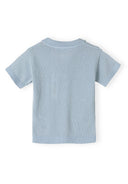 Back view of a boys' light blue knitted polo shirt with a lapel collar.