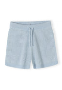 Light blue elastic shorts with drawstring, front view.