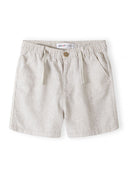 Beige linen cotton shorts with elasticated waistband and side pockets, front view.