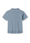 Light blue knitted polo shirt, back view, short sleeves, ribbed hem.