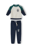 Boys navy tracksuit with contrasting panels, featuring a sweatshirt and joggers.