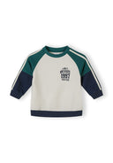 Boys' navy sweatshirt with contrasting green and blue panels, ribbed neckline and cuffs.