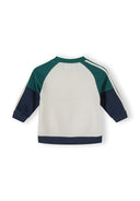 Boys' navy tracksuit sweatshirt back view with contrasting panels and ribbed cuffs.