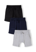 Boys' 3-pack shorts in black, navy, and grey, featuring elasticated waistbands and side pockets.