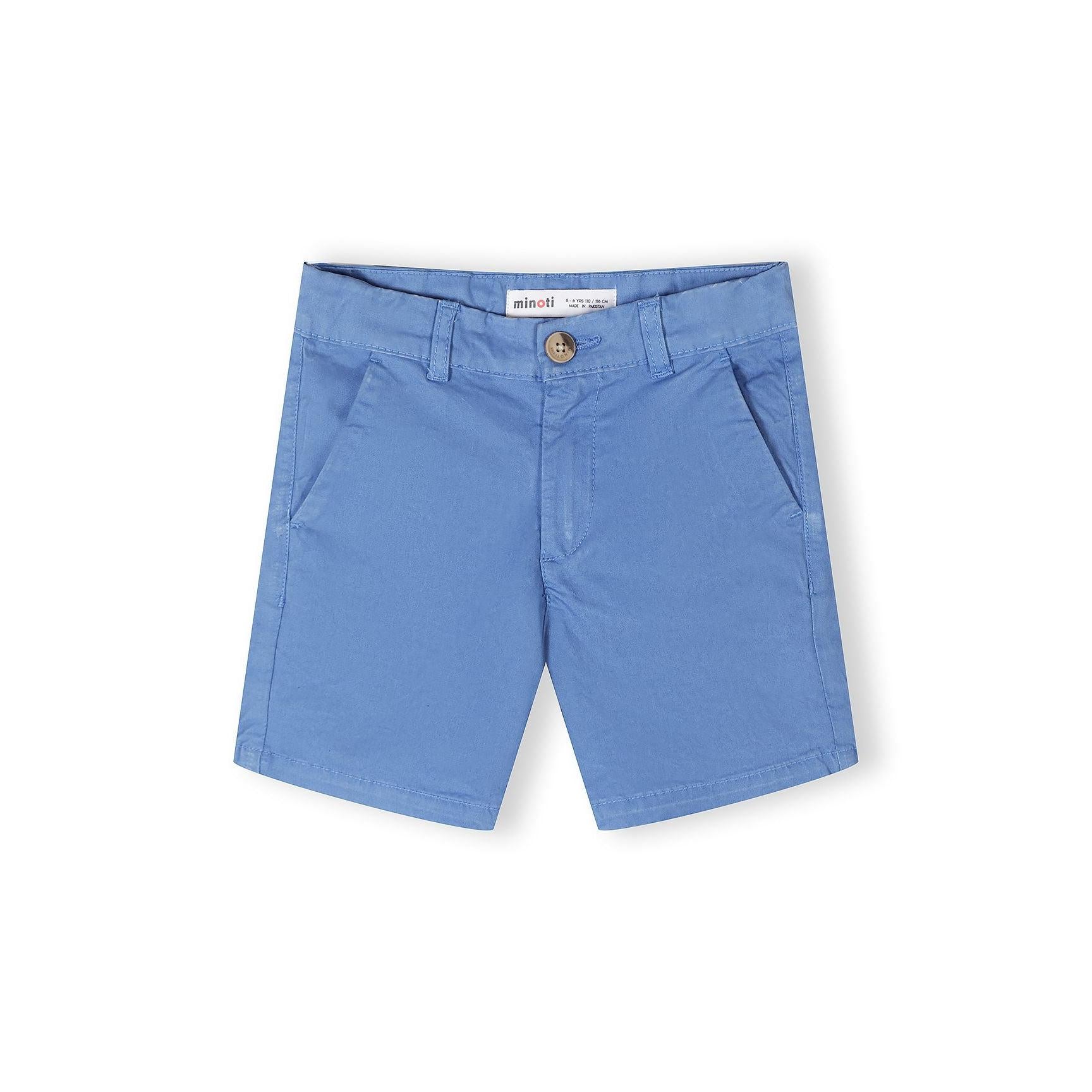 Single navy chino shorts displayed flat on white background showing classic tailored fit with button waistband and side pockets