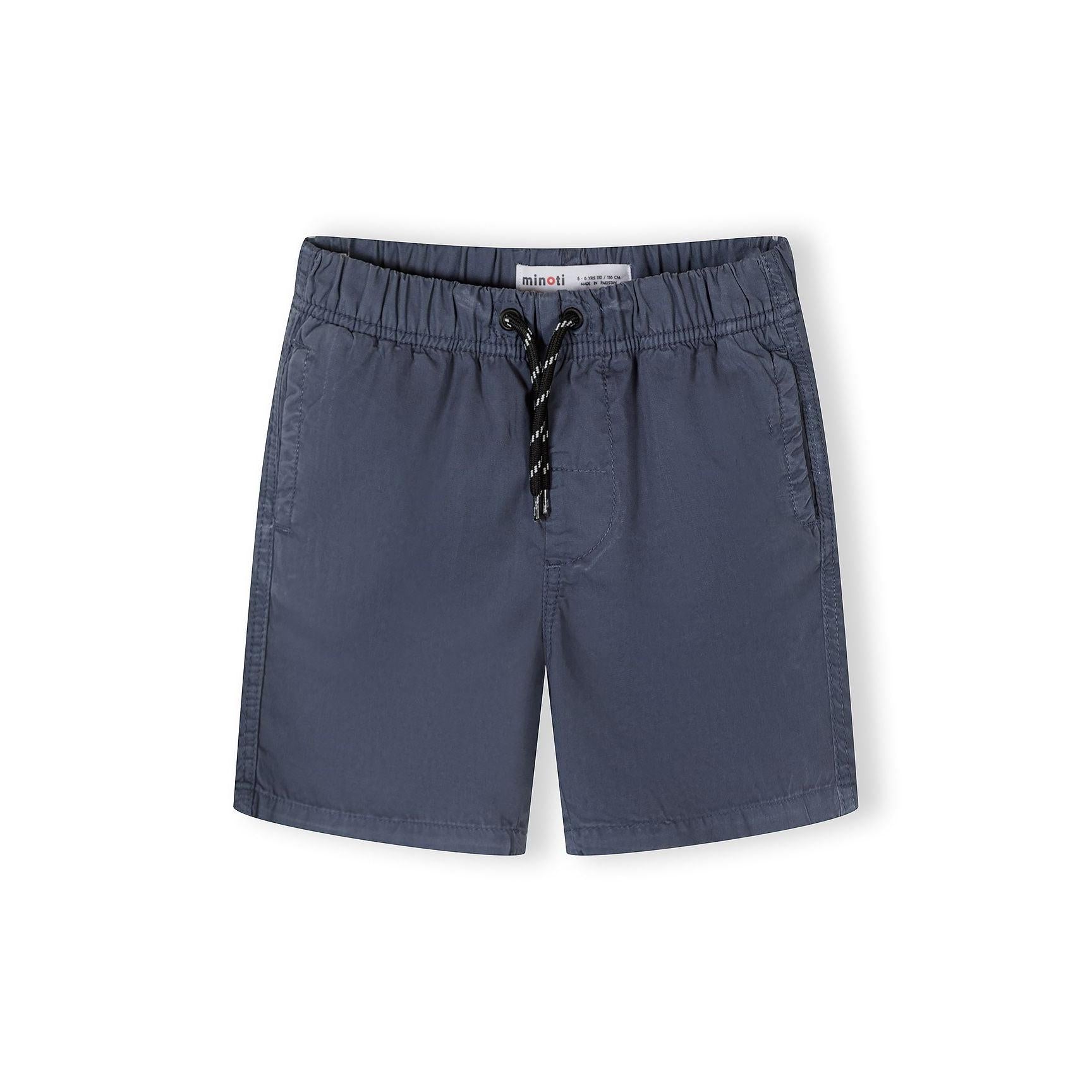 Single grey cotton shorts displayed flat showing elasticated waistband with white drawstring and side pockets on white background