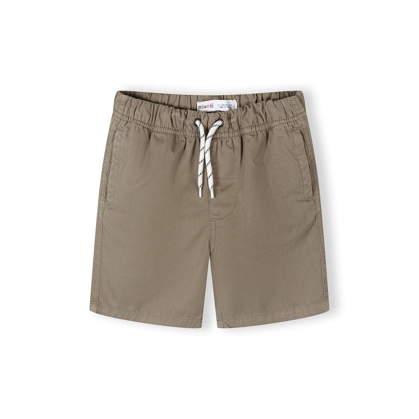 Single beige cotton shorts displayed flat showing elasticated waistband with rope drawstring and side pockets on white background