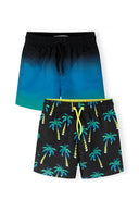 Boys swimming shorts, black with teal palm print, front view.