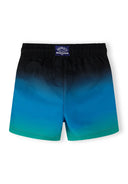 Boys swimming shorts, black to teal gradient, back view, elasticated waistband.