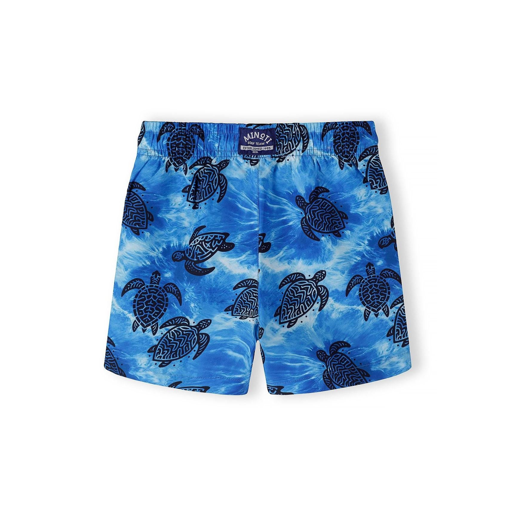 Single coral and blue ombré striped swim shorts with pink waistband and white drawstring displayed flat on white background