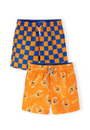 Boys 2-pack quick dry swim shorts, one orange lobster print and one blue checkered, front view.