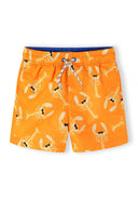 Boys quick dry swim shorts in orange with lobster print, front view.
