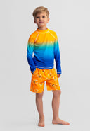 Boys swim shorts with lobster print in orange, front view.