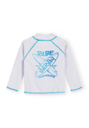 White long sleeve boys rash vest with blue surfboard graphic and contrast stitching for sun protection design