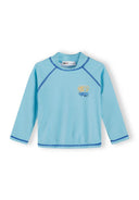 Long sleeve turquoise boys rash vest with blue stitching and small orange graphic, designed for kids fashion.