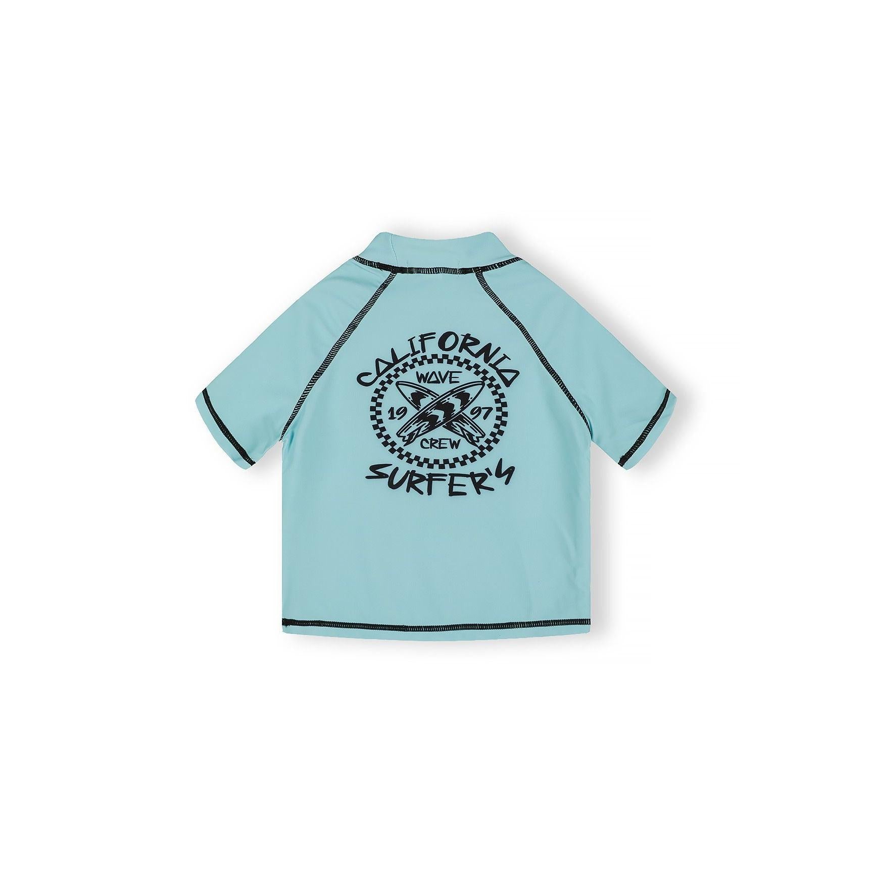 Back view of blue gradient swim t-shirt showing ombre fade from light blue to dark blue with contrast stitching details on white background