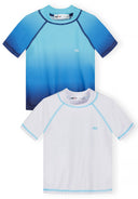 Boys fitted rash tops in ombre blue and white, front view, featuring short sleeves and elastic crew neck.