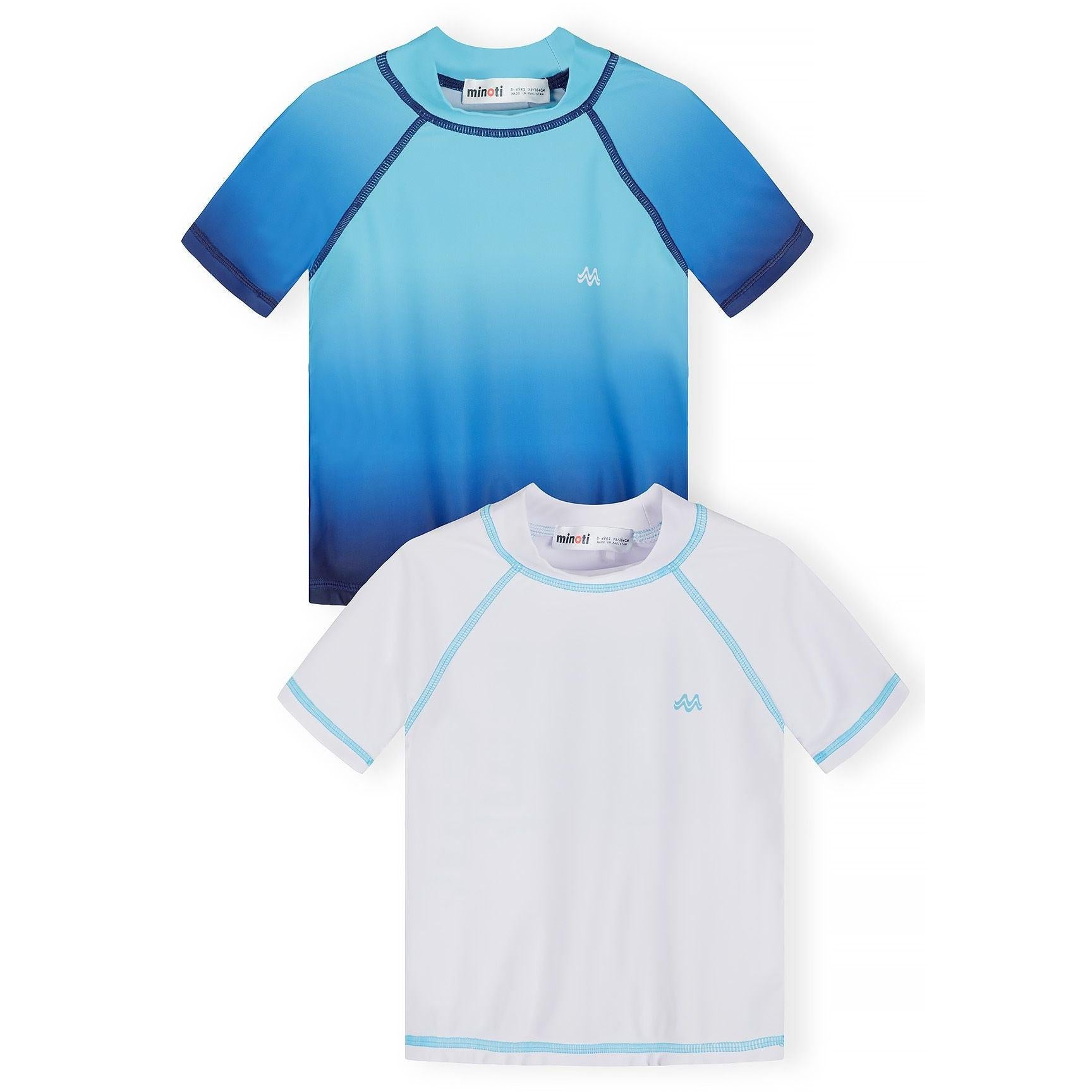 Two rash tops displayed together - blue ombre fade design and white with blue contrast stitching, both featuring raglan sleeves and Minoti branding, shown on white background