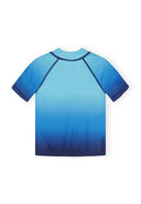Blue ombre fitted boys rash top with short sleeves and visible seam design for sun protection and comfort.