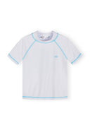 White fitted boys rash top with blue ombre seams and short sleeves for sun protection design