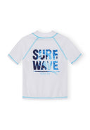 White boys rash top with blue stitching and surf wave graphic design on back for sun protection