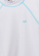 White fitted boys rash top with light blue seam design and subtle wave logo on chest