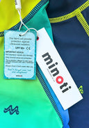 Detail of boys' rash tops in navy and ombre lime with tags, featuring short sleeves and a smooth design.