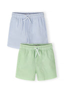Boys swim shorts 2-pack, front view, blue and green striped.