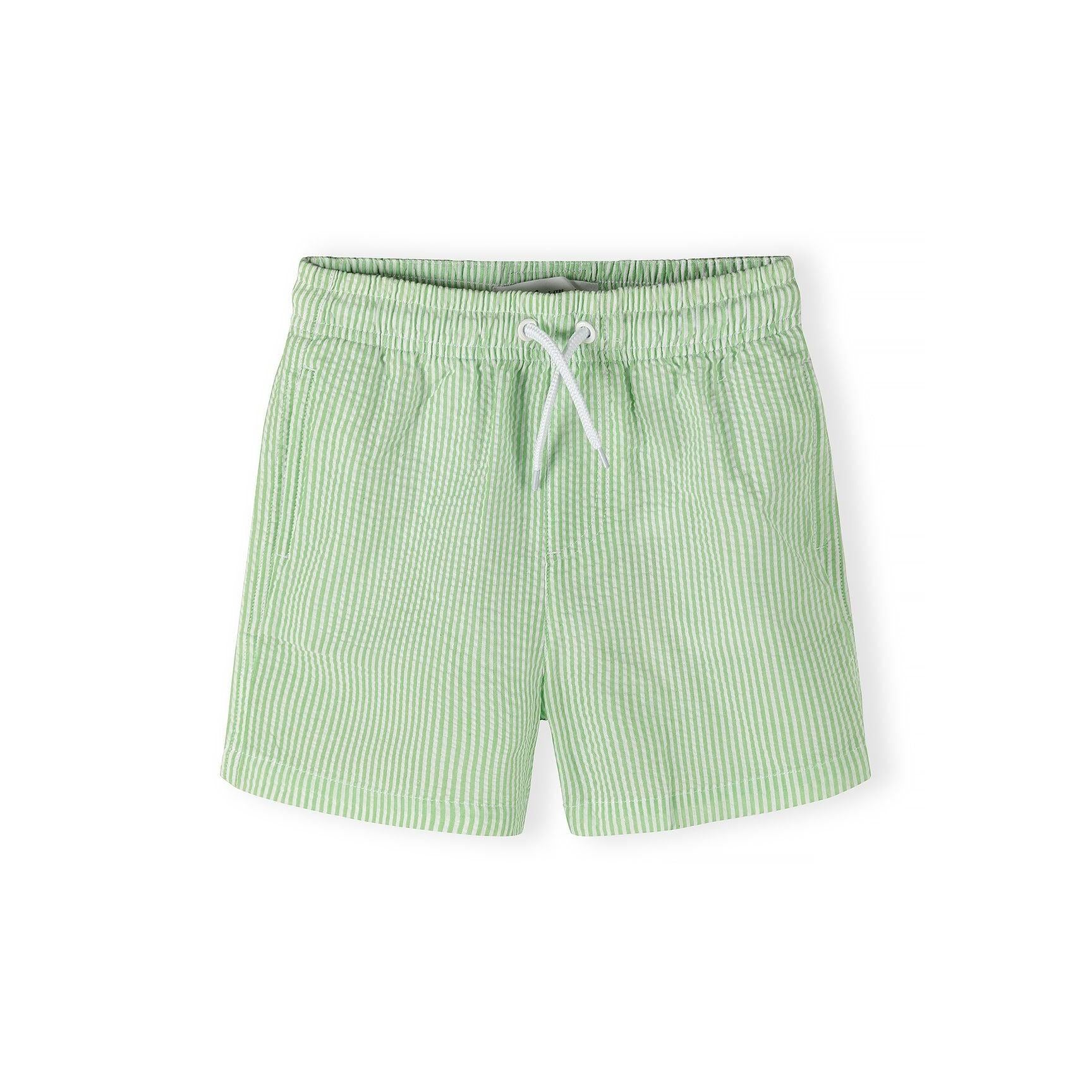 Single light blue striped swim shorts with white vertical stripes, elasticated waistband with white drawstring ties, laid flat on white background