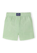 Boys swim shorts in green and white stripes, front view, elasticated waistband.