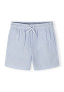 Boys swim shorts in blue and white striped design, front view, elasticated waistband.