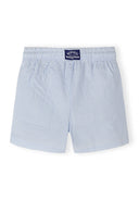 Boys swim shorts in blue and white stripes, front view, elasticated waistband.