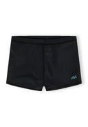 Black boys swim shorts with minimalist blue wave design and elastic waistband for comfortable fit