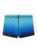 Boys swim shorts with turquoise to ombre blue gradient and unique stitched design for kids fashion.
