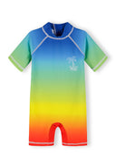 Boys short sleeve rash suit with royal blue ombre design, front view, features crew neck and zipper.