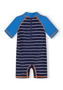 Boys navy and blue striped rashguard swimsuit with contrast orange stitching and back zipper for easy wear and comfort.