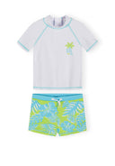 Boys rash set with short sleeve t-shirt and matching shorts, featuring a palm tree logo.