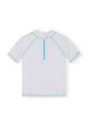White boys rash shirt with short sleeves and blue stitching detail, designed for comfort and protection.