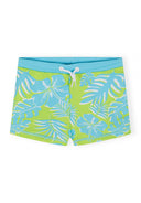 Boys lime green swim shorts with blue tropical floral design and blue waistband, featuring a white drawstring detail.