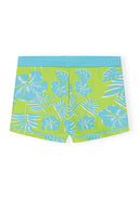 Boys swim shorts in lime green with blue tropical floral print and light blue waistband, designed for comfort and style.