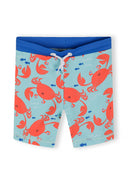 Kids blue swim shorts featuring a playful red crab print and an adjustable waistband for comfortable wear.