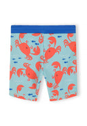 Kids swim shorts with playful red crab print and blue waistband, featuring a fun and vibrant design for summer wear.