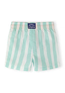 Boys swim shorts with elasticated waistband and mint and white vertical stripes, designed for quick-dry and comfort.