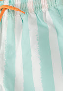 Close-up of boys swim shorts with mint and white stripes and an orange drawstring, showcasing elasticated waistband design.